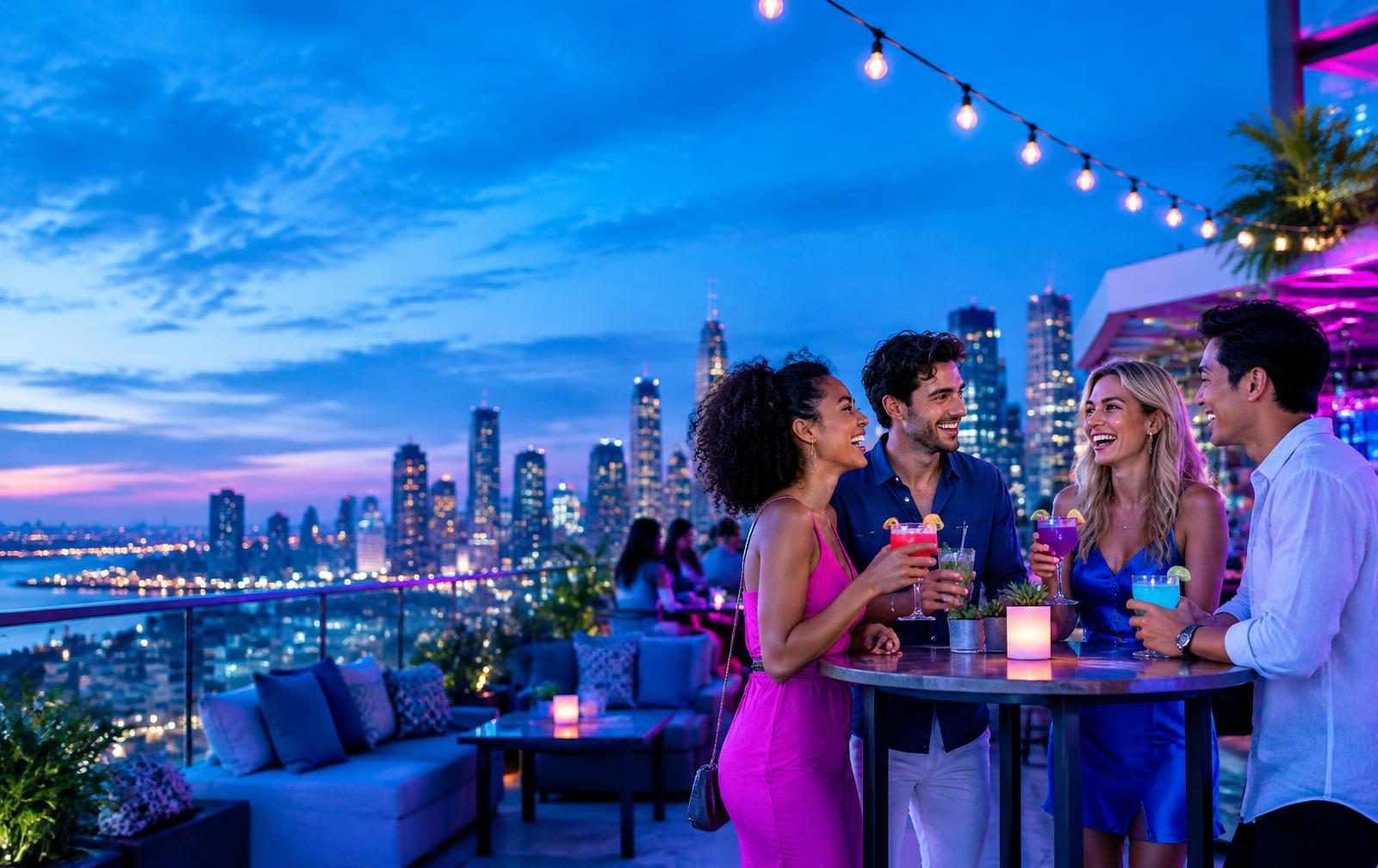 Friends with cocktails on a rooftop patio at dusk